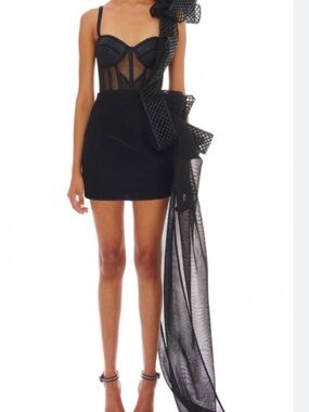 Black Mini Cocktail Dress with Mesh Bodice and Dramatic Bow